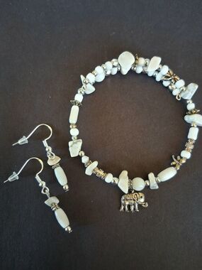 Handmade White Stone Beaded Bracelet and Earrings Set with Elephant Charm